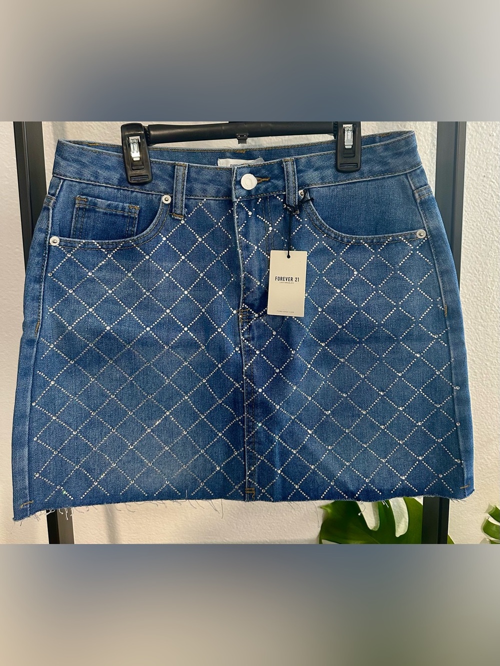 Forever 21 Blue Denim Jeans Skirt with Diamond Stud Pattern